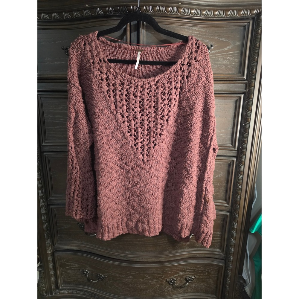 Free People Mauve Pink Chunky Crochet Knit Oversized Cotton Sweater Small
